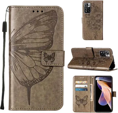 Produktbild von Xiaomi Poco X4 NFC Hülle, Schmetterling Prägung Flip Leder Kartenfächer Schutzhülle Ledertasche mit Ständer für Xiaomi Poco X4 NFC Grau