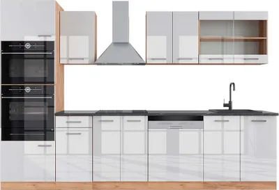 Produktbild von Küchenzeile Vicco R-Line Weiß Hochglanz/Goldkraft Eiche 300 cm mit Hochschrank, AP Anthrazit, Model 43003