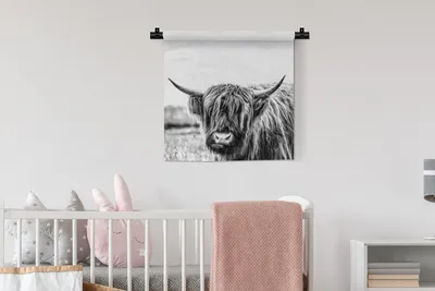 Produktbild von MuchoWow® Wandteppich Wandbehang Scottish Hochlandrind - Gras - Schwarz - Weiß 60x60 cm Tapisserie Dekoration Wandtuch - Dekorationen - Wand Decke
