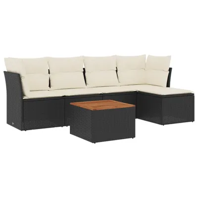 Produktbild von Modulares Garten-Sofa-Set 6-tlg., Poly Rattan Schwarz, Akazienholz Tisch, UV-beständig, mit Stauraum & wasserabweisendem Beutel, Cremeweiße Kissen