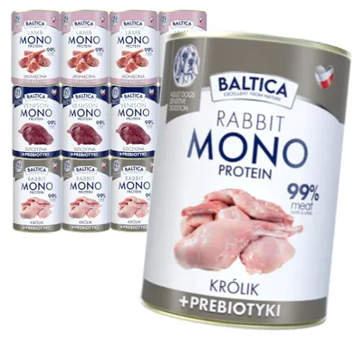 Zdjęcie produktu dla Baltica Monoprotein 12x400g Hipoalergiczna Bezzbożowa Mokra Karma Dla Psa z Prebiotykami Jagnięcina Dziczyzna Królik
