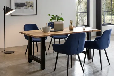 Produktbild von SalesFever 5-tlg. Akazie-Tischgruppe | 160 x 85 cm | Platte 35 mm natur | Metallgestell schwarz | 4 Stühle mit Cord-Optik | dunkelblau – schwarz