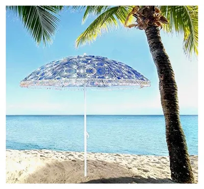 Produktbild von Sonnenschirm Strandschirm Blau Weiß mit Muscheln für Garten und Camping Ø 180cm
