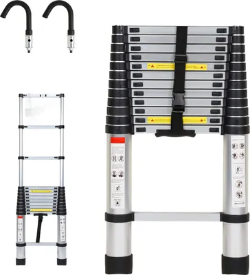 Produktbild von Jayseuw Teleskopleiter Alu Leichtgewicht Rutschfester 3,8m Silber + Haken Multifunktionsleiter Mehrzweckleiter Ausziehbare Leiter 15 Stufe Stehleiter aus Hochwertigem Aluminium Belastbarkeit 150KG