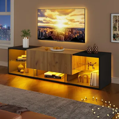 Obrázok produktu pre Skrinka na TV Merax s osvetlením LED a 2 zásuvkami, nízka skrinka na TV s 3 policami, univerzálny stojan na TV do obývačky a spálne, čierny
