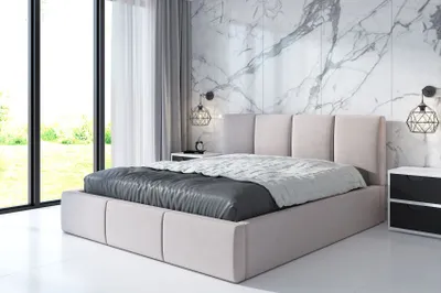 A modern bedroom with a bed, nightstands, and large windows.