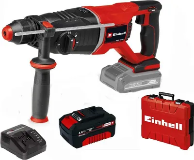 A cordless rotary hammer drill with accessories, including a battery, charger, and carrying case, displayed against a white background.