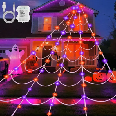 Spinnennetz-Lichterkette, 6x5m, 150 LED, orange-lila, USB/Batterie, wasserdicht