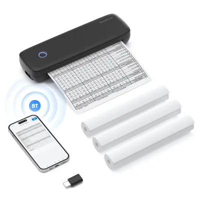 A portable printer, rolls of paper, a smartphone, and a USB adapter are displayed on a white background.