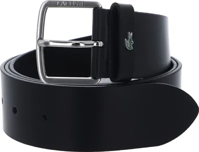 A black leather belt with a silver buckle and a small green Lacoste crocodile logo.