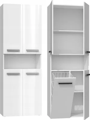 Two views of a white bathroom cabinet with doors and shelves.