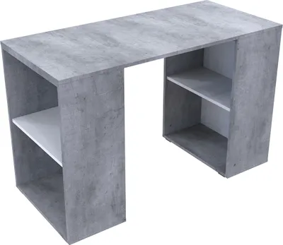 A modern desk with a concrete finish and white shelves.