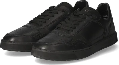 A pair of black leather sneakers on a white background.