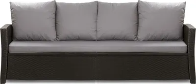 A front view of a dark brown rattan sofa with four light gray cushions.