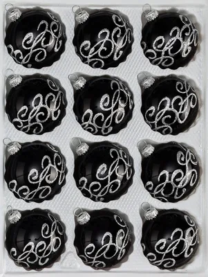 Produktbild von 12 tlg. Glas-Weihnachtskugeln Set in "Hochglanz-Schwarz-Silberne-Ornamente"
