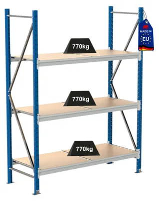Produktbild von Weitspannregal MAXIMUS Pro | Grundregal | HxBxT 200x175x60cm | 3 Ebenen | Spanplatten-Fachboden | Fachlast 770kg | Lichtblau/Lichtgrau, KI-generiertes Bild