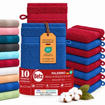 Produktbild von Betz 10 Stück Waschhandschuhe 16x21 cm PALERMO 100% Baumwolle  Farbe: cranberry / blau