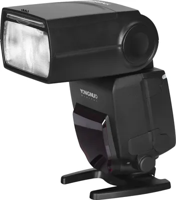 A black camera flash unit is shown against a white background.