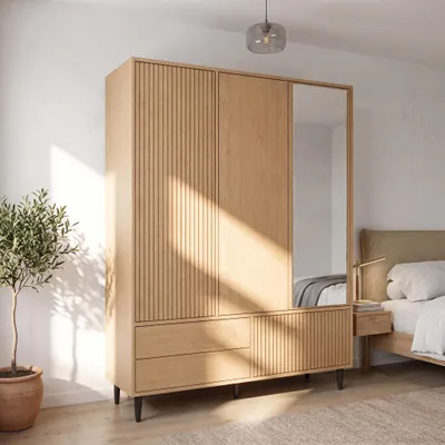 Productafbeelding van Kledingkast, 200x135x45 cm, 3 deuren, spiegel, 1 kledingstang, 4 vakken, 3 lades, modern design
