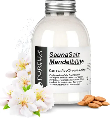 Produktbild von PURELIA Sauna Salz Mandelblüte 650g Peelingsalz Sauna Salz Peeling Körperpeeling