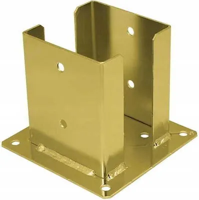 A golden metal post base bracket on a white background.