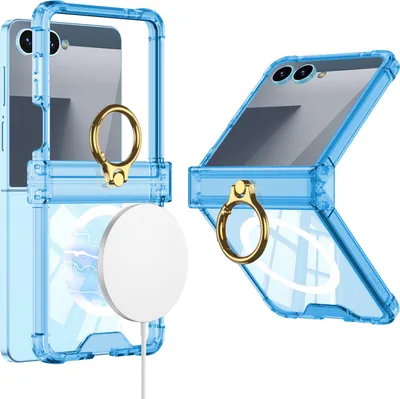 Produktbild von Hülle für Samsung Galaxy Z Flip 7 Scharnierschutz Transparente Stoßfest Schutzhülle mit Displayschutz und Ring, Kompatibel mit Magsafe Blau
