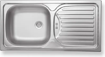 A top-down view of a stainless steel kitchen sink with a drainboard.
