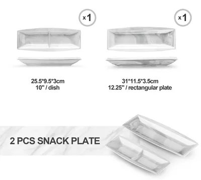 Image de Assiettes de service - Grandes assiettes en porcelaine - Rectangulaires - Lot de 2 - Gris marbre
