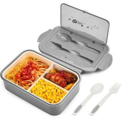 Produktbild von Bento Box mit 3 Fächern und Besteck, auslaufsicher, mikrowellengeeignet, spülmaschinenfest, Grau