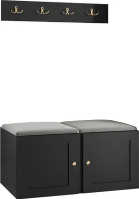Produktbild von MIRJAN24 Garderoben-Set Orion Ramiro VI, Schuhschrank, Kleiderhakenbrett, 2x Sitzpaneel 42x42, Metallgriffe, 4 Kleiderhaken (Farbe: Schwarz, Manila 16)
