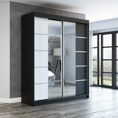 Produktbild von Schwebetürenschrank, 2-türig Schrank ERA 180 cm (mit Spiegel) Schwarz / weiß / schwarz