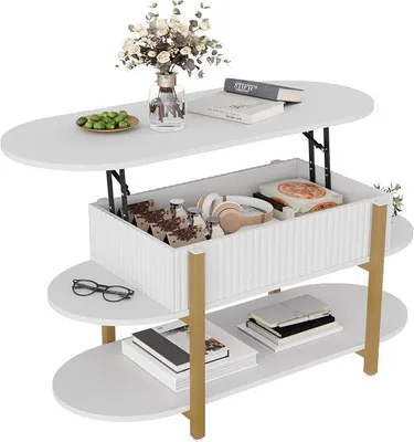 Imagen del producto de Mesa de centro con superficie abatible, espacio de almacenamiento oculto y estante, altura ajustable. Mesa de centro ovalada para sala de estar, 106x45x50 cm (blanco)