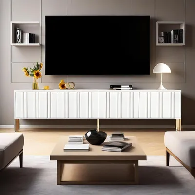 Image de Meuble TV blanc avec pieds dorés, 4 portes, 8 étagères, 190 x 38 x 48 cm