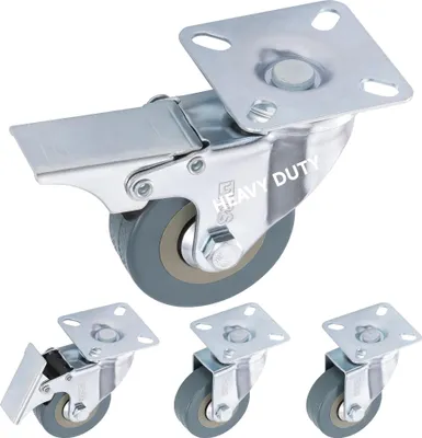 A collage of heavy-duty casters (wheels), with one larger caster at the top and three smaller ones below. The larger caster is shown from a side angle, highlighting its braking mechanism. The smaller casters show different views, with one also featuring a 