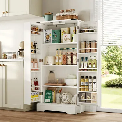 Immagine prodotto di Mobiletto da cucina - Armadio contenitore - Mobile con ante - Mobile con ripiani - Credenza - Illuminazione a LED - 60 x 35 x 128,5 cm