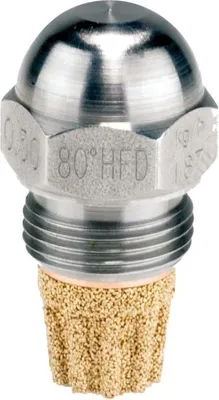 A close-up studio shot of a metal nozzle with a textured filter at the bottom.