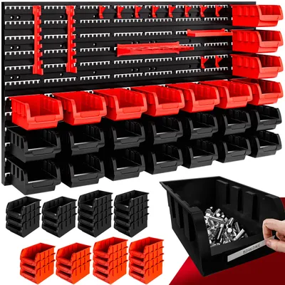 Productafbeelding van MONZANA® Wandrek met stapelboxen en gereedschapshouders, 43-delig. Uitbreidbaar wandrek voor de werkplaats, gereedschapswand