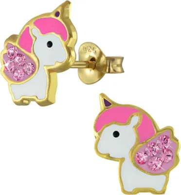 Produktbild von Kinder Ohrstecker 925 Silber Ohrringe mit 14 kt Gold plattiert Einhorn | 8 mm x 10 mm