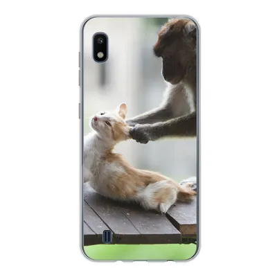 Produktbild von MuchoWow® Handyhülle Schutzhülle Hülle für Samsung Galaxy A10 Katze - Affe - Holz Silikon Softcase Handy Hülle - Schutzhülle