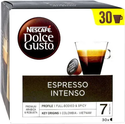 A box of Nescafé Dolce Gusto Espresso Intenso coffee capsules.