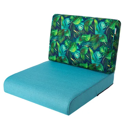 Produktbild von Bjird Sesselkissen, Kissen für Rattanmöbel, Sitzkissen & Rückenkissen, Sitzkissen für Sessel / Stühle - Indoor & Outdoor - Anti-Rutsch - 50x50 cm, Blau + blaue Blätter