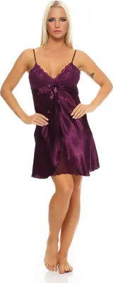 Immagine prodotto di Camicia da notte corta in raso da donna, lingerie sexy con pizzo; viola viola/S