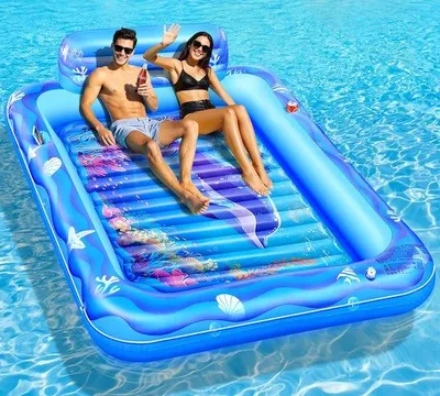 Produktbild von Unyqoos® Aufblasbare XXL-Luftmatratze 205 x 150 cm – Meereswelt-Design, PVC, Rückenlehne, für 2 Personen, 300 kg Tragkraft, 2 Becherhalter