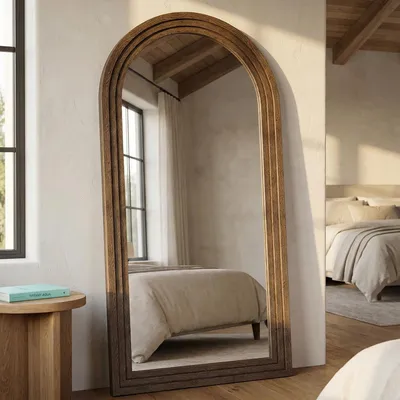 Image de Miroir mural en bois massif, forme arquée, dimensions 180x80 cm, style rustique, avec support. Couleur : marron