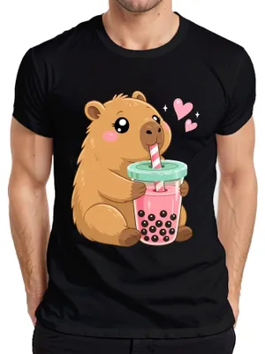 Produktbild von Kawaii Capybara Boba Bubble Tea Süß Wasserschwein Japan Nagetier Herren T-Shirt, Schwarz, S