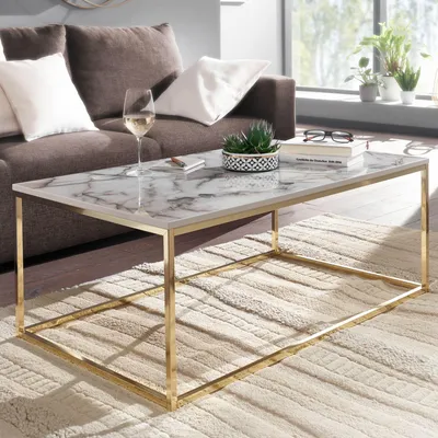Zdjęcie produktu dla Stolik konferencyjny FineBuy 100x60x40 cm z wykończeniem imitującym marmur | Stolik do salonu z metalową ramą | Rozkładany stolik kwadratowy do salonu | stolik pomocniczy