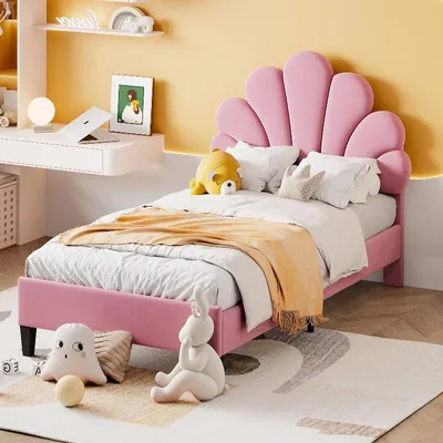 Productafbeelding van Boxspringbed 90x200 cm, kinderbed met hoofdeinde in bloemvorm, bedframe met lattenbodem, fluweelstof in roze, geschikt voor kinderkamers of logeerkamers
