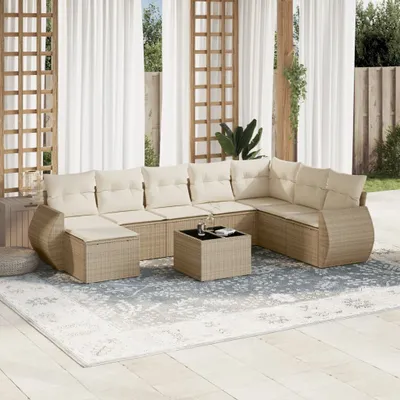 Produktbild von Design 9-tlg. Garten-Sofagarnitur mit Kissen Beige Poly Rattan, Gartensofas 2024 Neu