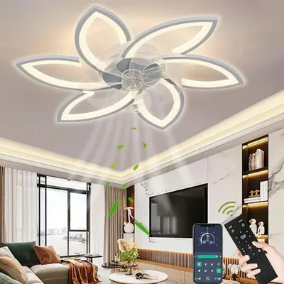 Produktbild von Deckenventilator mit Beleuchtung, dimmbares LED Licht mit Ventilator und Fernbedienung, leise, kreatives 6 Lichter Design für Schlafzimmer und Küche.