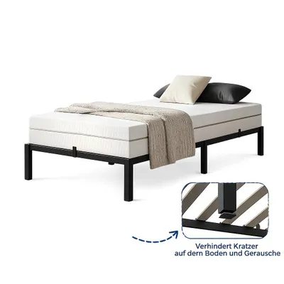 Image de Matelas en mousse à mémoire de forme de 90x200 cm, fermeté H3 (20 cm) + lit en métal avec sommier à lattes, structure en acier et bois, capacité de charge de 160 kg, espace de rangement de 26 cm, silencieux, montage facile, couleur noire